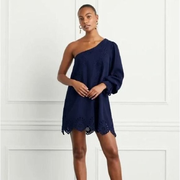 Hill House Mila Dress One Shoulder Eyelet Crochet Mini Linen Womens Small NWT - Picture 1 of 15